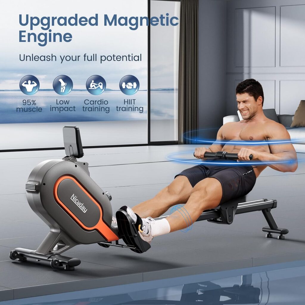 Niceday Magnetic Rowing Machine, Quiet Rowing Machines for Home with 350lb Weight Capacity, 16 Levels Adjustable Resistance, Foldable Rower with Tablet Holder, BluetoothApp Compatible