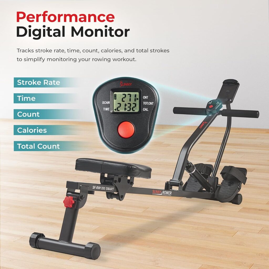 Sunny Health  Fitness Compact Adjustable Rowing Machine with 12 Levels of Complete Body Workout Resistance and Optional SunnyFit App Enhanced Connectivity