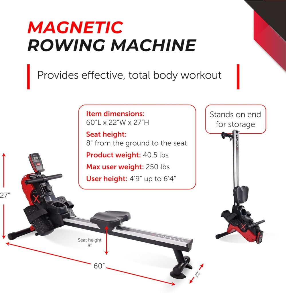 Stamina Magnetic Rower - Rower Machine with Smart Workout App - Rowing Machine with Magnetic Resistance for Home Gym Fitness - Up to 250 lbs Weight Capacity