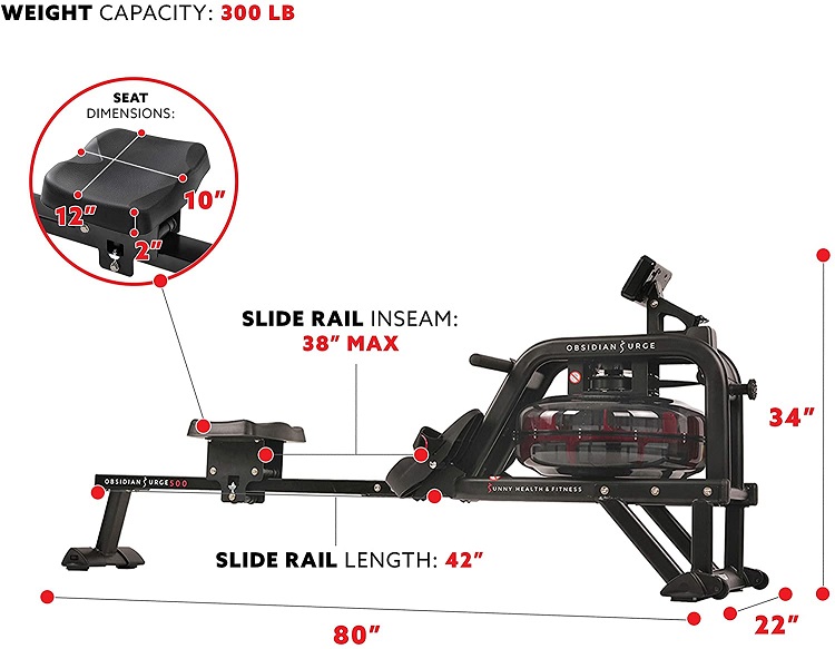 Sunny Health and Fitness Water Rowing Machine dimensions Obsidian Surge 500